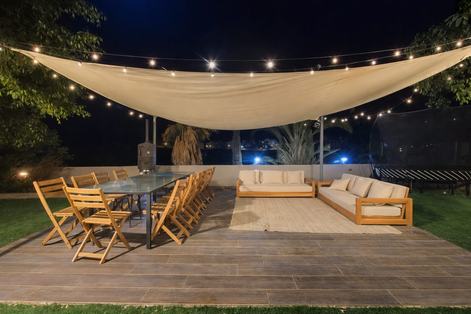 Outdoor dining area at night
